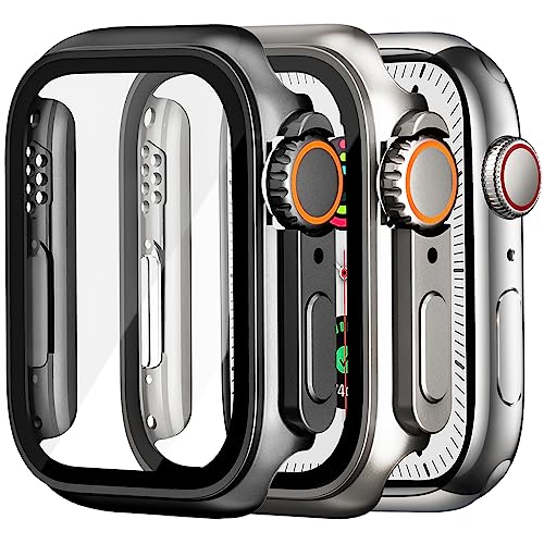 Dilhvy 2 Stück Hülle für Apple Watch Displayschutz Series 6 5 4 SE 44mm 【Apple Watch Ultra Style Case】, iWatch Schutzhülle Bumper Einzigartiges Design mit Glas Displayschutzfolie für Damen und Herren