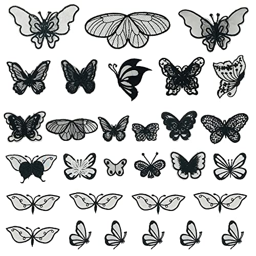 Yayatty 30 Stück Spitzenpatches, Schmetterling Stickpatches Organza Lace Appliques Nähen Sie Patches zum Reparieren und Dekorieren von Kleidung auf (Schwarz)