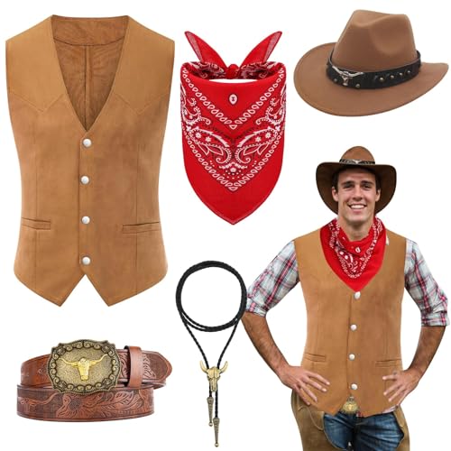 5 Stück Western Cowboy Kostüm Set, Cowboy Fancy Dress mit Weste Hut mit breiter Krempe Gürtel Bandana Stierkopf Halskette für erwachsene Männer Karneval Cosplay(Stil 1, XL)