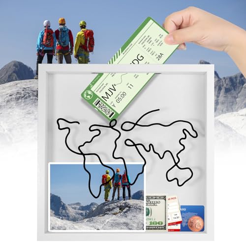 GOWTX Reise Abenteuer Archivbox 29 x 29cm, Bilderrahmen Reisebox Erinnerungen, Holzrahmen Ticket Schattenbox, Dauerhaft Toplader Vitrinenrahmen, Reise Sammelbox für Foto Postkarte Münzen