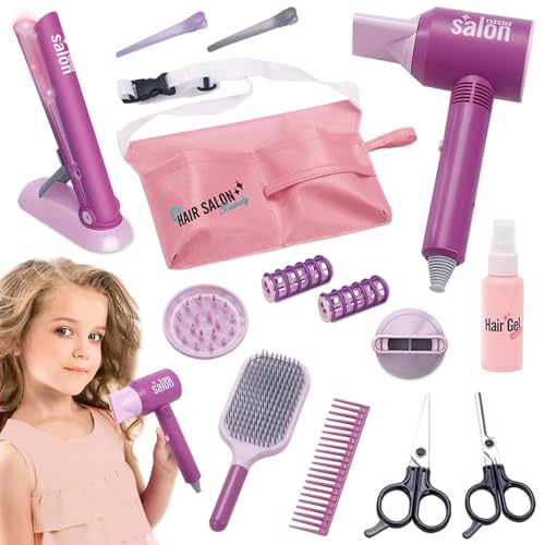 Friseur-und Schminktaschen-Beauty-Set für Mädchen,14 Stücke Kinderschminke Set Mädchen,Spielen Sie Friseurspielzeug-Kit mit Fön,Friseur Set Kinder,Spielzeug für Kinder ab 3 Jahren.