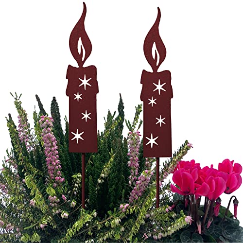 KRONLY 2 Stück Gartenstecker Kerze 25cm Metall Roststecker Weihnachten Advent wetterfest Gartendeko Outdoor, Braun