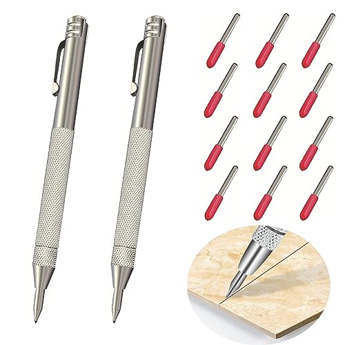 2pcs Wolframkarbid Spitze Reißnadel mit 12 Ersatzmarkierungsspitzen, Aluminium Magnet Hartmetall Anreißwerkzeug Ätzstift mit Clip, Metall Gravierstift für Glas, Keramik Gehärtetes Stahlblech