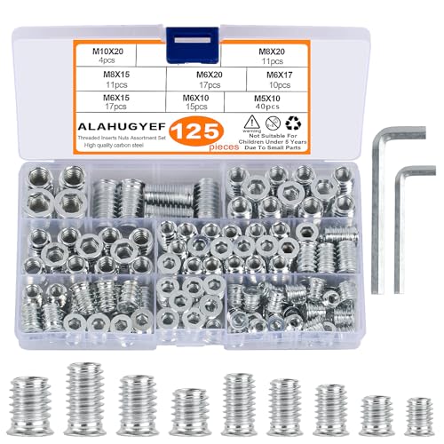 125 Stk Einschraubmuttern M5 M6 M8 M10 Einschraubmuffen, Gewindeeinsatz Holz, Gewindeeinsätze Gewindebuchsen, Innensechskant Schraube Muttern Rampmuffe Kohlenstoffstahl für Holzmöbel
