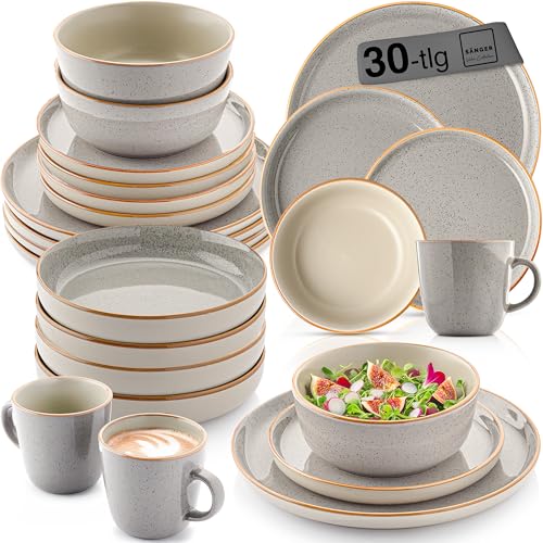 SÄNGER Rio Perlgrau|Kombiservice 6 Personen, Teller Set Kaffeebecher Pastaschale 30 tlg, Steingut Geschirr Set spülmaschinen- mikrowellen- kratzfest, Geschirrset aus Steingut, grau | VALUE COLLECTION