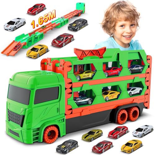 VATOS Transport Truck Spielzeugautos für Jungen im Alter von 3, 4, 5, 6 Jahren, tragbares Rennbahn Truck Spielzeugauto mit 6 Rennautos, Transporter Fahrzeug Spielzeug Set für Kinder