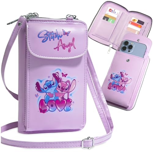 Disney Stitch Umhängetasche Mädchen, Handytasche zum Umhängen mit Kartenfächern & Schultergurt (Rosa)