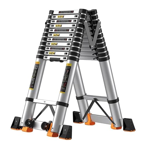 CXEGCCUF Zusammenklappbare Aluminium-A-Rahmen-Teleskopleiter mit Stabilisatorstange und rutschfesten Füßen, ausziehbare Mehrzweck-Teleskopleiter für die Gebäudeinstandhaltung mit Rad (Größe