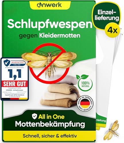 anwerk® Schlupfwespen gegen Kleidermotten - 4 Karten à 1 Lieferungen - Effektiv Kleider Motten bekämpfen - Alternative zur Mottenfalle, Mottenspray, Pheromonfalle