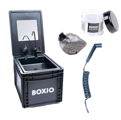 BOXIO - WASH Plus : mobiles Waschbecken, Duschkopf, Spiegel & Reinigungsperlen - Spülbecken für Van, Camping Garten, Spüle mit Wasserhahn, Kunststoff, schwarz