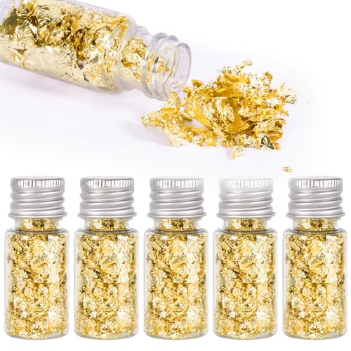 YIIFELL 5 Flasche Blattgoldblätter, Blattgold Zum Basteln, Multifunktions Gold Folien Flocken Blattgold, Blattgoldflocken Folie für Torten Deko DIY Künstlerbedarf