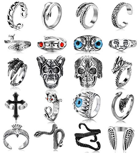 JeryWe 20 Pcs Vintage Punk Ringe für Männer Frauen Gothic Offene Ringe Silber Schwarzer Totenkopf Skelett Augen der Hölle Tier Einstellbare Ringe Set Stapelbare Y2K Finger Ringe