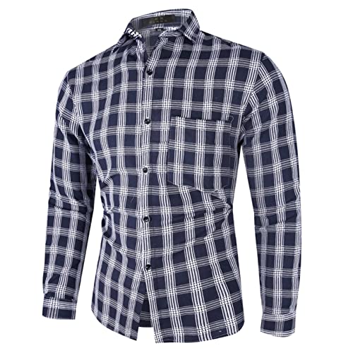 Saclerpnt Herren-Hemd Casual Karierts Freizeithemden Bequem Revers Hemden Button Down Hemdjacke Komfort Slim-Fit Langarmhemd(Blau,3XL)