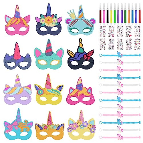 Firtink 12 Stücke Einhornmasken Kinder Bastelset, Leer Unicorn Papiermasken 12 Farbigen Stiften 12 Einhorn Silikonarmband für Halloween Weihnachten Geburtstag Bühnenaufführungen Thema Party