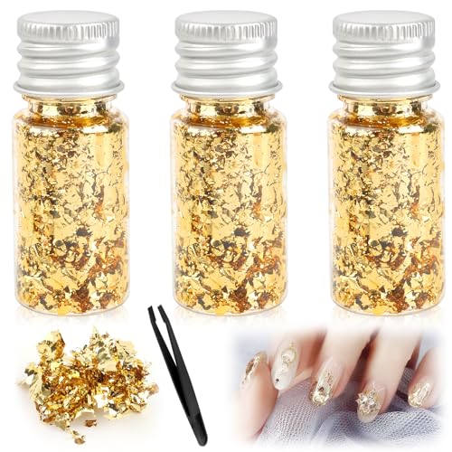 VFANDV 3 Flaschen Blattgoldflocken mit Pinzette Dekorative Gold Blatt Blattgoldtabletten DIY-Bastelgoldfolie Dekorfolie für Malerei Harzkunst Vergoldete Statue Nagelkunst (Gold)