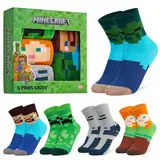 Minecraft Jungen Lustige Socken mit Motiv, Multipack – Geschenke für Kinder(Grünes Quadrat - 5er-Pack,EU 35-40)