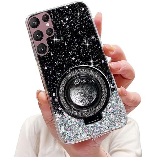 Tivenfezk Nadoli Sparkle Treibsand Ständer Hülle für Samsung Galaxy S22 Ultra,Versteckt Ständer Ring Klar Glitzer Stern Handyhülle Durchsichtig Bling Schutzhülle Case Cover,Schwarz