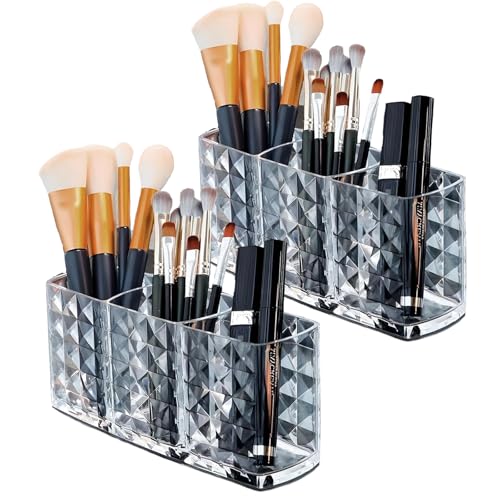 JUXINE Kosmetik Organizer,2 Stück Make Up Pinsel Aufbewahrung,3 Fächern Kristall Makeup Pinsel Halter für Eyeliners Lippenstift Wimperntusche,Acryl Schmink Aufbewahrung Transparent