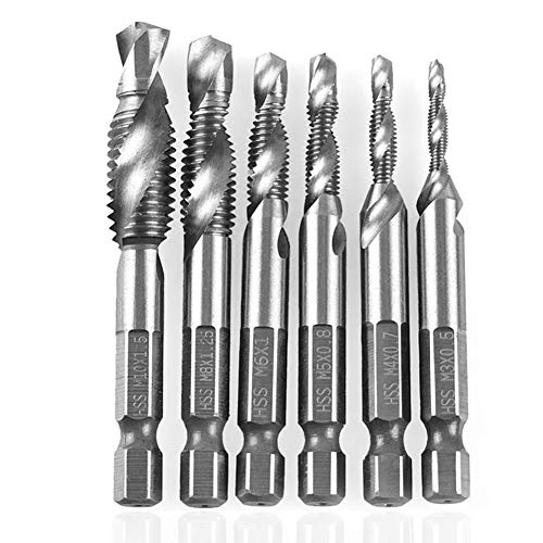 Sechskant-Schraubgewindebohrer, 6 Stück 1/4 "HSS-Spiral-Sechskantschaft-Kombinationsbohrschrauben-Gewindebohrer-Set, Bohrgewindebohrwerkzeuge Metrisches Industriezubehör für(4341)