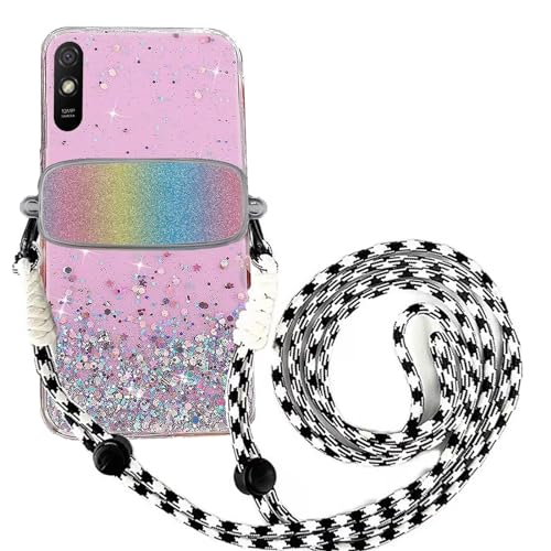 Tivenfezk Nadoli für Xiaomi Redmi 9A Glitzer Handykette Hülle,Silikon Bling Durchsichtig Crossbody Tasche zum Umhängen Schutzhülle mit Telefon Clip Halter Band