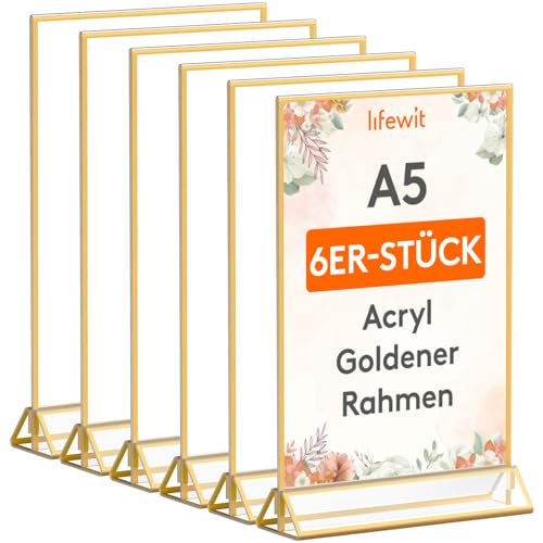 Lifewit 6 Pack A5 Acryl Schildhalter mit goldenen Rändern, klare vertikale doppelseitige Stand, Kunststoff-Menü-Halter, Tischnummer Halter für Hochzeit, Party, Restaurant Dekor