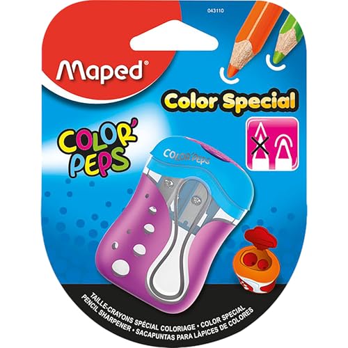 Maped - ergonomischer Anspitzer COLOR'PEPS für 2 Stiftgrößen inkl. Auffangdose - speziell für Buntstifte - für dünne Stifte Ø < 8 mm/für dicke Stifte Ø < 11 mm