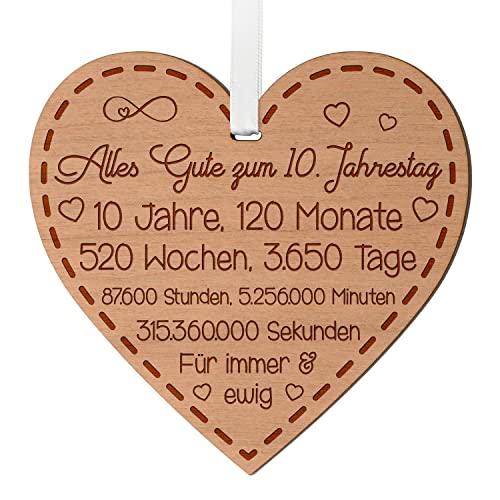 10. Jahrestag Geschenk für Paare Rosenhochzeit Zehn Hochzeitstag Geschenke für ihn und sie Jubiläumsgeschenk für Ehemann 10 Jahre Jubiläum Holzherz mit Gravur Erinnerung für Ehefrau