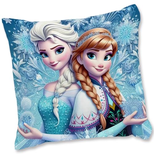QDUODUO Kissenbezug Kinder, Eiskönigin Kissenhülle Eisa Anla Prinzessin Kopfkissenbezug, Cartoon Zierkissenbezüge mit Doppelseitigem Muster Verdecktem Reißverschluss für Mädchen Geschenke, 45x45cm