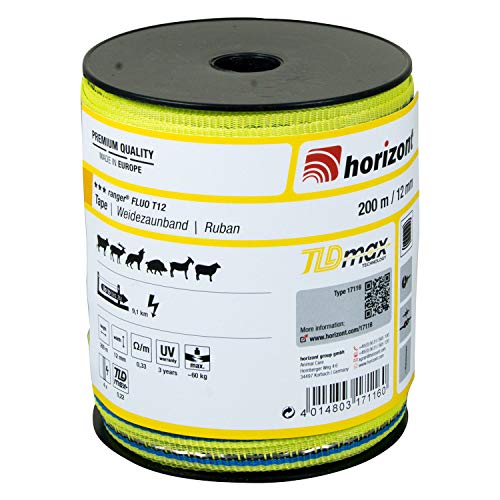 horizont Weidezaunband ranger FLUO T12, 200 m lang, 12 mm breit, Breitband Litze, Weidezaun Strom, Elektrozaun, für mittlere Zäune, 60 kg Bruchlast, Band, Litze Weidezaun
