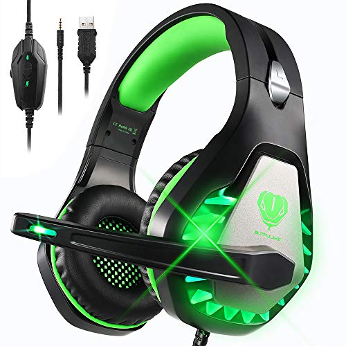 DIWUER Stereo-Gaming-Headset für Nintendo Switch, PS4, Xbox One mit Mikrofon mit Geräuschunterdrückung, weiche Ohrenschützer, Surround-Sound, Over-Ear-Kopfhörer mit LED-Licht für PC (Grün)