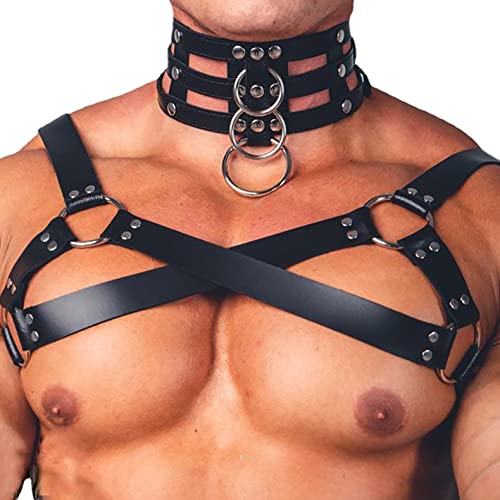 PIIKNUO Brustgurt Herren Leder Brust Harness Punk Männer Brust Geschirr Gothic Brustgeschirr Fetisch Gay Reizvolle Bondage SM Fesseln Cosplay Party Kostüme Sexy Sklave Clubwear Harness mit Halsband