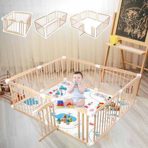 Laufstall für Babys aus Holz mit Matratze, 180x160x61cm Verstellbarer Baby Laufstall Hölzerner Babyzaun Baby Spielplatz Tragbar Babyzaun Spielbereich für Drinnen und Draußen