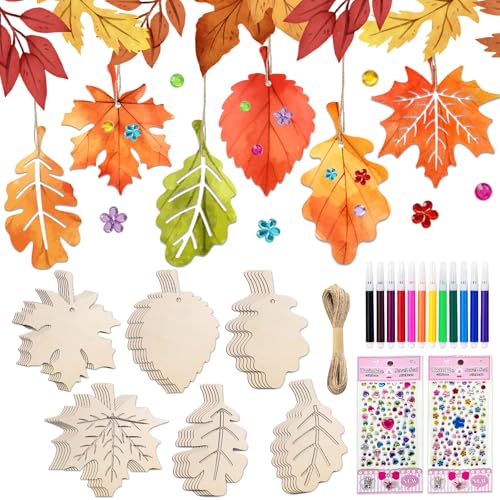 JOYEASE Bastelset Herbst, 36 Stück Herbst Basteln Kinder Holzanhänger zum Bemalen, Herbstblätter Deko, Bastelsets für Kinder mit Aquarellstifte Diamantaufkleber, DIY Herbstdeko Kreativsets