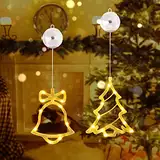 Qedertek Weihnachtsbeleuchtung Innen, 10 LED Lichtervorhang Warmweiß Batteriebetriebene mit Saugnäpfe, Timer, Fenster Lichterkette für Weihnachten Deko, Party, Hochzeit (Weihnachtsbaum & Glocke)