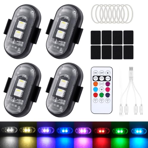 WILLONG 4 Stück LED-Blitzlichter 8 Farben,Strobe Drone Light mit USB-Aufladung,Drohnen Antikollisionslichter,Auto Fernbedienung Blitzlicht für Drohnen,Motorrad,LKW