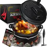 KESSER® Dutch Oven Set BBQ 4,2 Liter, Feuertopf Schmortopf mit Füßen, Gusseisen Topf mit Deckelheber Henkel und Schlitz für Themormeter, kochkessel Grilltopf Gulaschkessel für Oudoor & Indoor