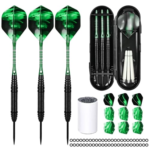 3 Stück Dartpfeile, Dartpfeile Metallspitze Profi Steeldarts Steel Dartpfeile Set 3 Aluminium Schaft mit 9 Flights 50 Anti-Lose Gummiringe und 2 Dart Tool Sharpener (Grün)