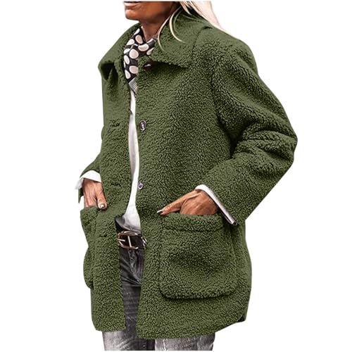 Generisch Fleecejacke Damen Winterjacke mit Taschen Strickjacke Winter Sweatjacke Einfarbig Flanellhemd Baumwolle Wintermantel Frauen Mantel Jacke Revers Oberteile Sale Angebote Grün XXL