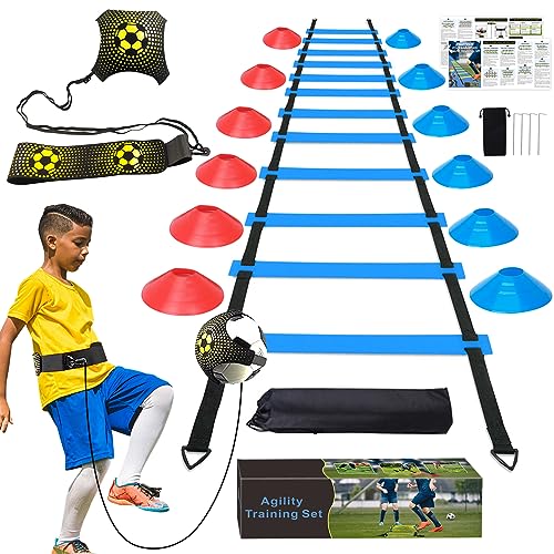 YGORTECH Fussball Trainingszubehör Fussball Geschenke Jungen Trainingsset Koordinationsleiter 6m Fußball Trainingsset 12 Hütchen und Fußball Kick Trainer