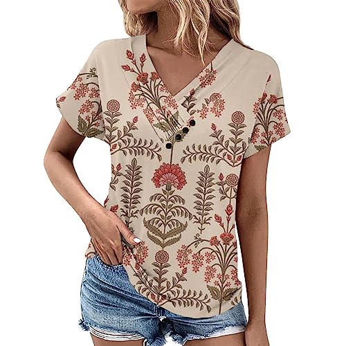 Lässiges T-Shirt für Damen und Mädchen 2024, lässig, V-Ausschnitt, kurzärmelig, plissiert, Blumenmuster, Knopfleiste, Übergröße, Freizeithemd, beige, Large