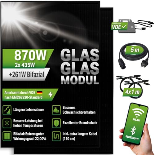 Energy 870W Balkonkraftwerk Komplettset mit 2x 435W PV-Modul - TSUN Wechselrichter 800W inkl. Wifi-Funktion - 5m Schukokabel + 4x 1m Solarkabel – 25Jahre Material und 30Jahre Leistungsgarantie