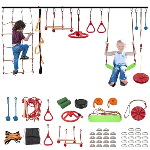 ZIKEBTUY 18M Ninja Warrior Hindernisparcours (13 Hindernisse), Ninja Slackline Kit für Kinder, langlebige Spielgeräte mit 13 Komplett-Set-Affenstange, Schaukel, Balanciergurt, Kletterleiter & Netz