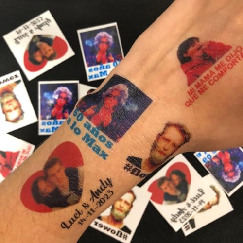 50 personalisierte 4x4 cm temporäre Tattoos mit Ihrem Foto - Ideal für Events, Hochzeiten, Partys und Geburtstage - Temporäre Tattoos