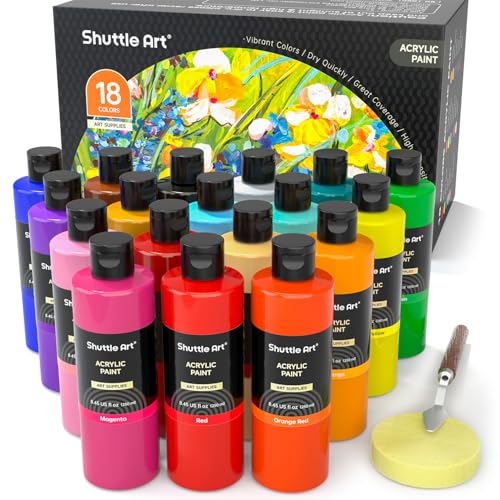 Shuttle Art Acrylfarben Set, 18 Acrylfarben in Flaschen (je 250ml, 8,45oz), hochpigmentierte Acrylfarben, Premiume Acrylfarben für Künstler, Anfänger und Erwachsene auf Steine, Leinwand, Holz geeignet