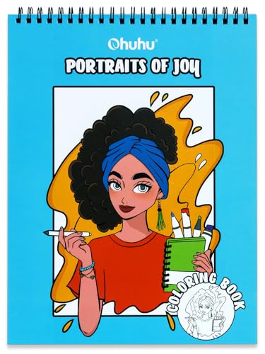 Ohuhu Malbuch für Erwachsene & Kinder – Doppelseitig durchschlagfest, Achtsamkeits-Motive zur Entspannung, Spiralbindung als Kunsttherapie-Geschenk, 40 Seiten/20 Blätter, Portraits of Joy Motive