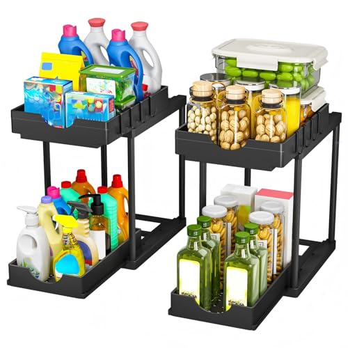 StowBin Küchen Organizer, 2 Pack Unter Waschbecken Regal mit 4 Haken, Spülschrank Organizer, Badezimmer Organizer, Schrank Organizer, Ordnungssystem für Küche