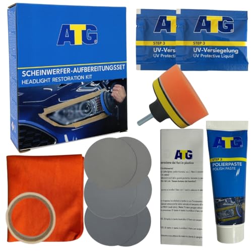 ATG® Scheinwerfer Aufbereitung Set - Universal Auto Scheinwerfer Polierset für matte & blinde Scheinwerfer aus Kunststoff - Schnelle & einfache Scheinwerfer Aufbereitung - Scheinwerfer Reparatur Set