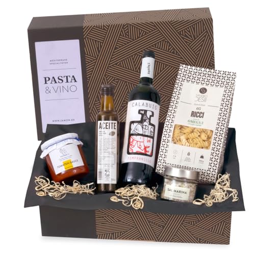 Geschenk-Set Pasta & Vino | Gefüllter Geschenkkorb mit italienischen Nudeln, mediterranen Delikatessen & Rotwein aus Spanien | Leckere Geschenkidee von jamon.de