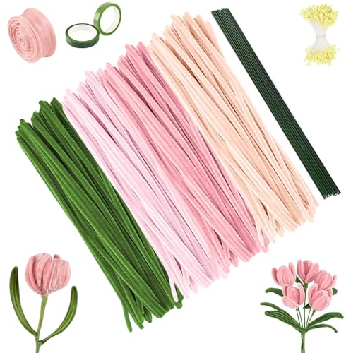 Pfeifenreiniger Blumen Set, Rosa Pfeifenputzer zum Basteln, Pfeifenreiniger zum Basteln, mit Blumendraht, Schleifenband, Blumen Staubblatt für Blumenstrauß DIY