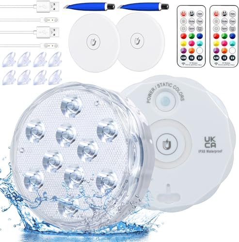 Unterwasser Licht, Wiederaufladbar Poolbeleuchtung mit 2600 mAh Eingebauter Batterie,Magnet,Q-Pad,Saugnäpfe, Wasserdichte RGB Farbwechsel Pool Dekolichte für Schwimmbad, Teich, Aquarium,Party(2 Stück)